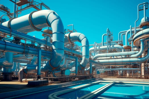 Industrial plant with pipes and pipelines. Stainless steel pipes in the factory. Abstract industry background. AI generated