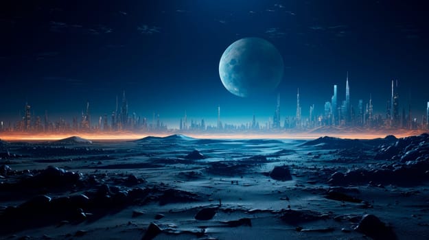 A desert at night with a modern city skyline visible at the horizon, night time with a full moon. AI generated