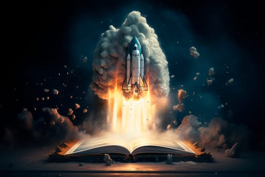 Space rocket start from book. Rocket launch on top of a book. Concept for - Education give new startup. AI generated