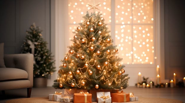 Winter holidays and interior concept - close up of decorated christmas tree, sofa and garland on window at home. AI generated