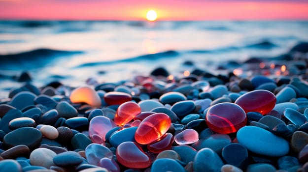 Beach with color pebbles in the sea coast, in the background sea and waves with sunset and sky. Sunset over a rocky beach. AI generated