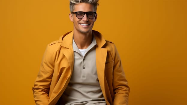portrait of a stylish male model wearing glasses and yellow clothes on a color background. poster, advertisement. copy space.Generative AI