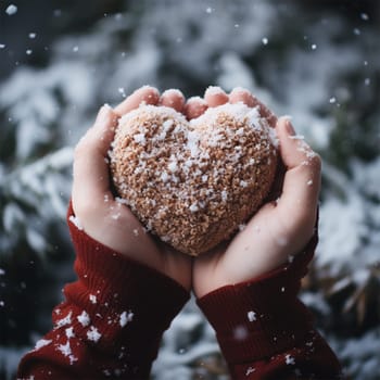 hands holding a plush heart on Valentine's Day in winter outdoors.heart in palms covered with snow