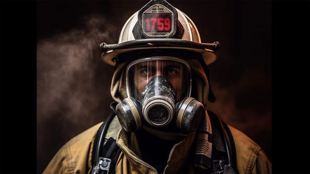 close-up of a rescue worker or firefighter wearing a mask, helmet and protective suit.