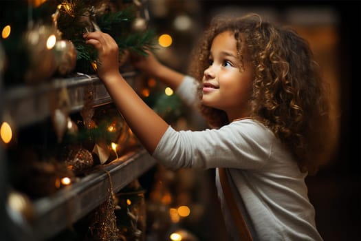 Portrait of a happy girl taking out decorations from the shelves to decorate the Christmas tree, banner. Christmas and New Year concept