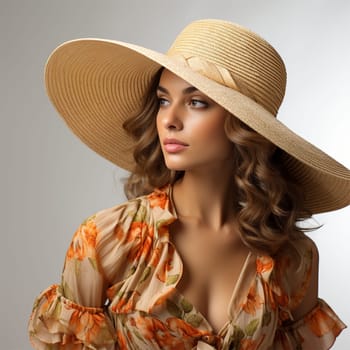fashionable portrait of a young blonde woman in a straw hat and a bright dress .fashionable summer style