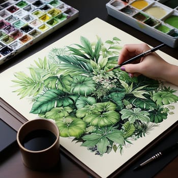 Woman's hand draws green tropical leaves with watercolors in a sketchbook at a wooden table, close-up