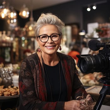 stylish cheerful gray-haired woman looking at the camera.recording a podcast or training.