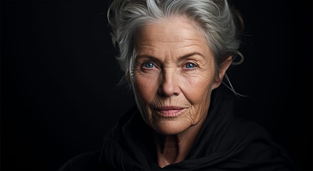 close-up portrait of a gray-haired beautiful and confident elderly woman with deep wrinkles in black on a black background. free space for text