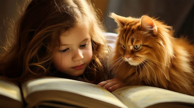 little girl looking at a book with her ginger cat in her bedroom.