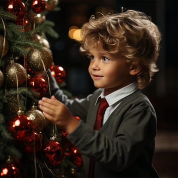 Portrait of a happy little child collecting decorations for the Christmas tree .
