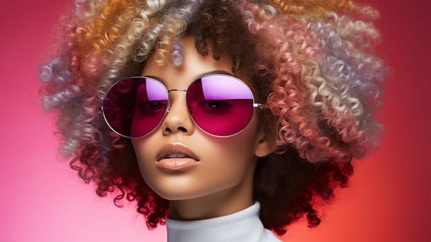 fashion portrait of a beautiful African American woman in pink sunglasses with fair skin and colored hair on a colored background.copy space.