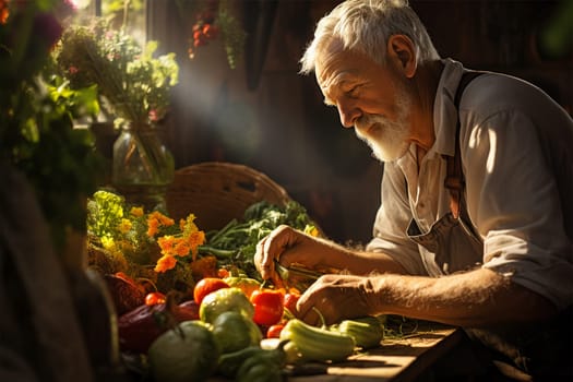 gray-haired senior man with a beard is engaged in processing and preparing vegetables in the kitchen. rustic style.