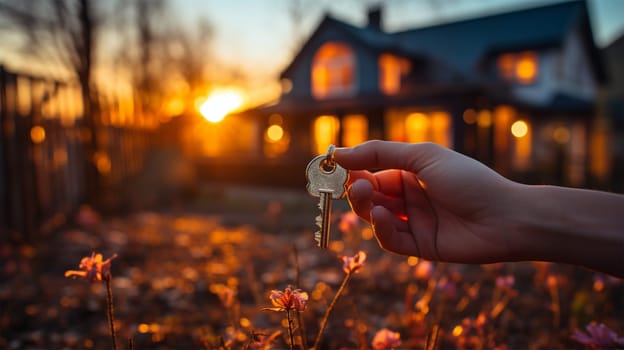 hand holds a metal key on the background of a house against the backdrop of an autumn sunset, the concept of mortgage and real estate construction