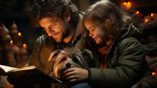 dad and daughter at the Christmas market with their pet dog looking at a children's book. concept of family and holidays