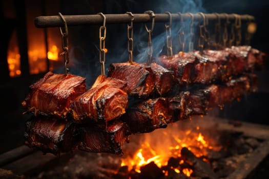 Large pieces of juicy meat of different varieties hang over an open fire. cooking juicy meat