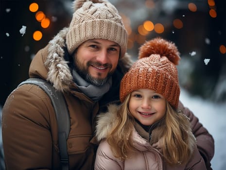 A father and his child are playing and hugging on the street. Little child and dad on a snowy winter walk in nature. The concept of the first long-awaited winter snowfall. copy space.