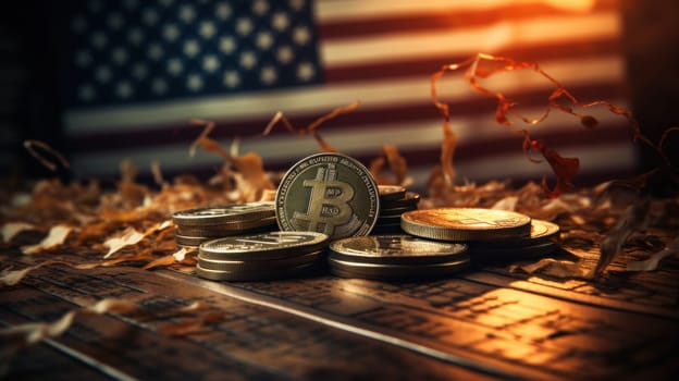 Bitcoin in a stack of cryptocurrencies with the US flag in the background. Cryptocurrency coin is golden and in focus
