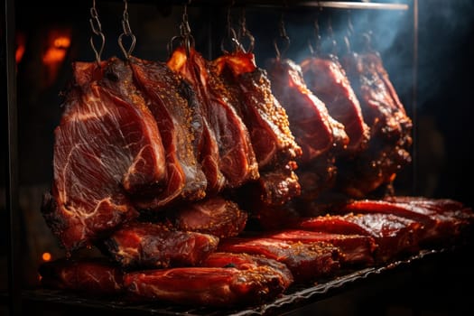 Large pieces of juicy meat in spices hang in rows in the smokehouse.