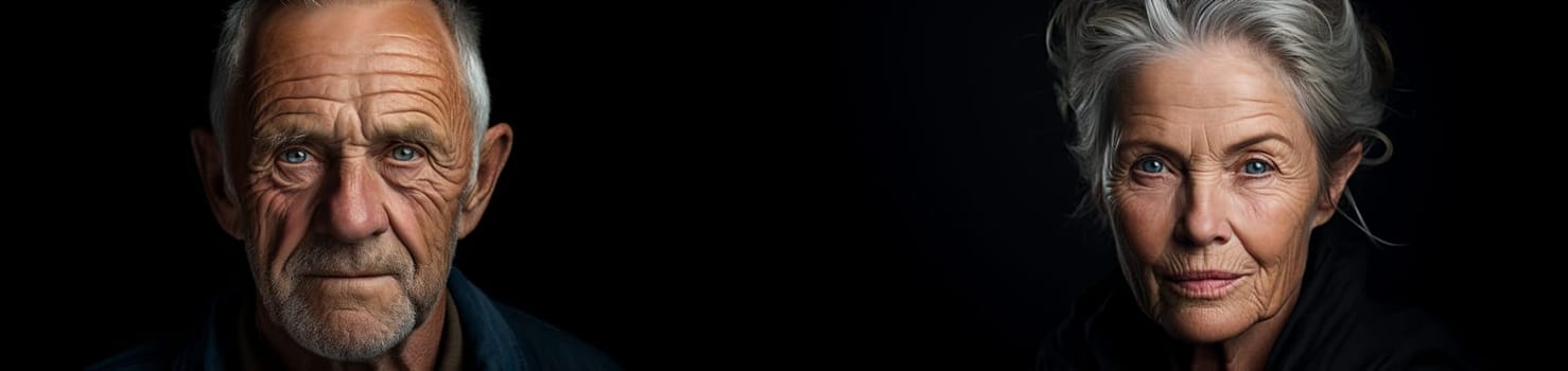 close-up portrait of a gray bearded man and a gray-haired woman with deep wrinkles on a black background. banner, free space for text.