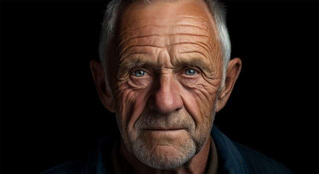 close-up portrait of a gray-haired confident elderly man with deep wrinkles on a black background. free space for text.