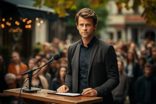 politician addressing a large audience, speaker in front of a crowd, meeting and seminar concept, copy space.