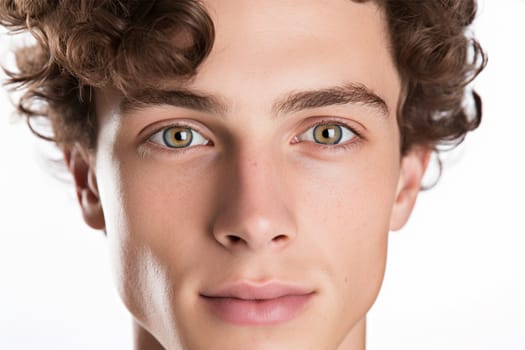 Close up portrait of a handsome young brunette man with clear skin and curly hair on a white background.salon and beauty concept