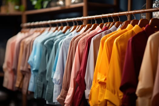 A variety of bright shirts in rainbow colors on hangers in a clothing store. concept for retail or smart consumption. Generative AI