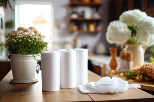 three rolls of paper towels lie on the table in the kitchen.