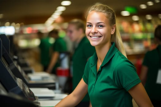 young female salesperson in uniform near the cash register in the store. A cheerful cashier skillfully conducts operations at the store's checkout, ensuring purchases.