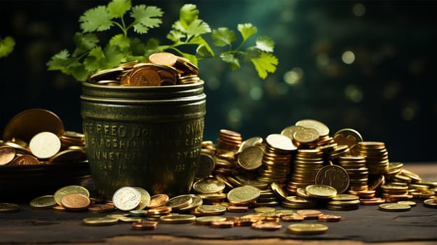 St.Patrick 's Day. Barrel with coins and clover and a pile of gold coins .
