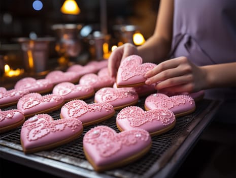 baker's hands fold pink gingerbread cookies in the shape of hearts with icing for Valentine's Day