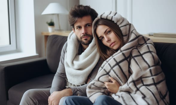 Young couple in blankets freezes in apartment in winter. Concept of heating and cost of housing services.