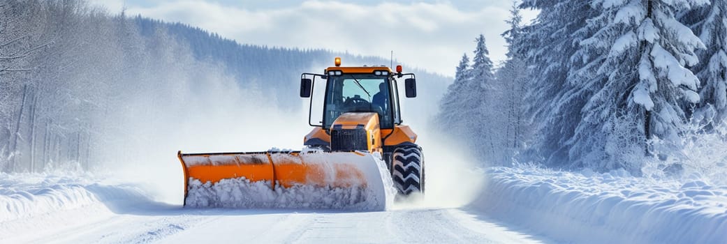 A snowplow removes snow from the road during a winter snowstorm or after a snowfall. The work of city services during a snowstorm and snow removal