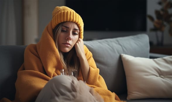 young woman woman in a hat and blanket looks tired trying to warm up on the sofa in the apartment. Concept of heating and cost of housing services.