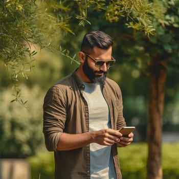A young stylish man with a haircut and a beard is texting on a smartphone in the park.