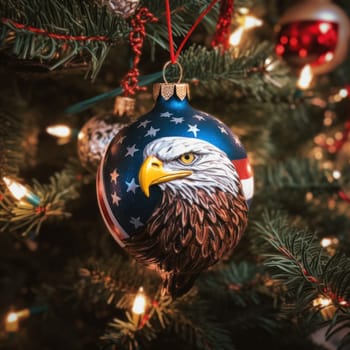 Christmas tree decoration Ball on a Christmas tree with an American-themed pattern on the background of a green Christmas tree. Holiday, Christmas, New Year, toys.