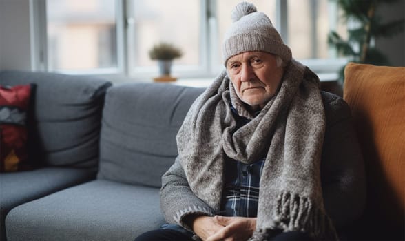 An elderly man in a hat and scarf looks tired and is freezing on the sofa in the apartment.Concept of heating and cost of housing services.