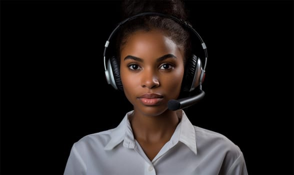 a young African American woman in headphones is a call center operator. Telephone support and assistance concept, telephone assistant