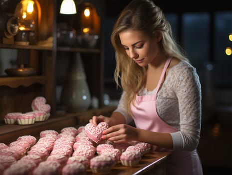 young girl bakes heart-shaped gingerbread cookies with Valentine's Day frosting.