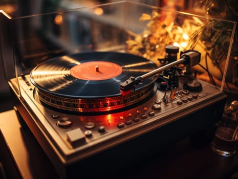 vintage record player, While playing the record, Black platter.