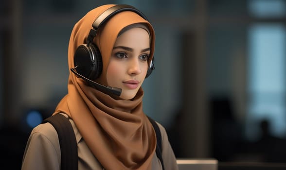 a young woman in a hijab and headphones is a call center support operator. Telephone support and assistance concept, telephone assistant