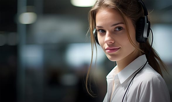 a young caucasian woman in headphones is a call center support operator. Telephone support and assistance concept, telephone assistant
