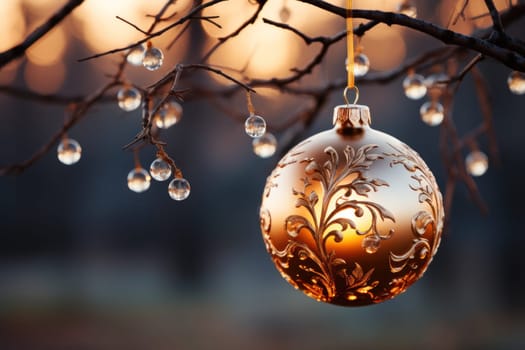 Christmas tree decoration Ball on a branch with an American-themed pattern on a blurred forest background. Holiday, Christmas, New Year, toys.