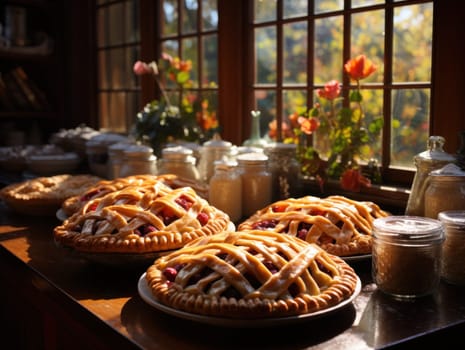 Pies and treats Thanksgiving dinner on a table by the window overlooking the garden on a sunny day