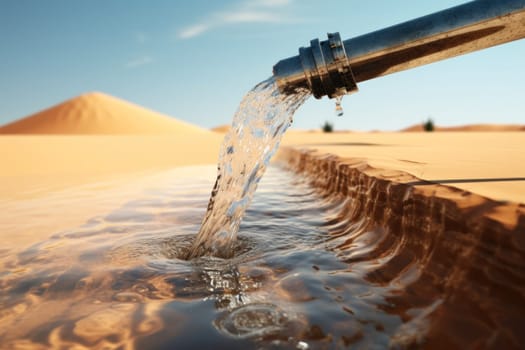 water flowing from a tap into the sand in the desert. planet concept of global warming, water shortage and drought