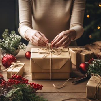 An unrecognizable woman wraps Christmas gifts in craft paper and ties them with ribbons.