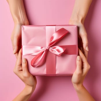 Female hands giving a pink gift box with a satin bow on a pink background.hand to hand gift with copy space.