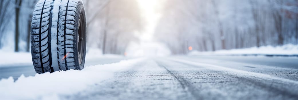 A car wheel with winter tires in a snowdrift against the backdrop of a snow-covered road and forest. Free space for text.