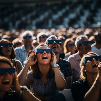 young people sitting in the park wearing special glasses watching the solar eclipse